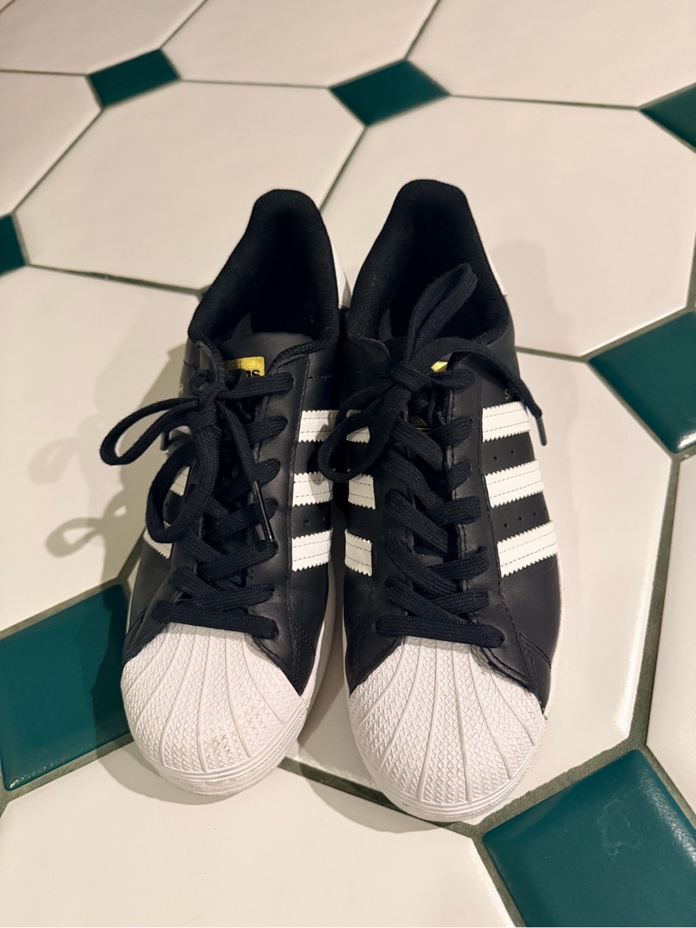 Adidas Superstar Leather Sneaker - Black White with Gold Tongue Logo - Picture 4 of 9